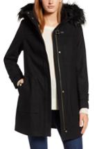 Women's Cole Haan Signature Wool Blend Twill Duffle Jacket With Faux Fur Trim - Black