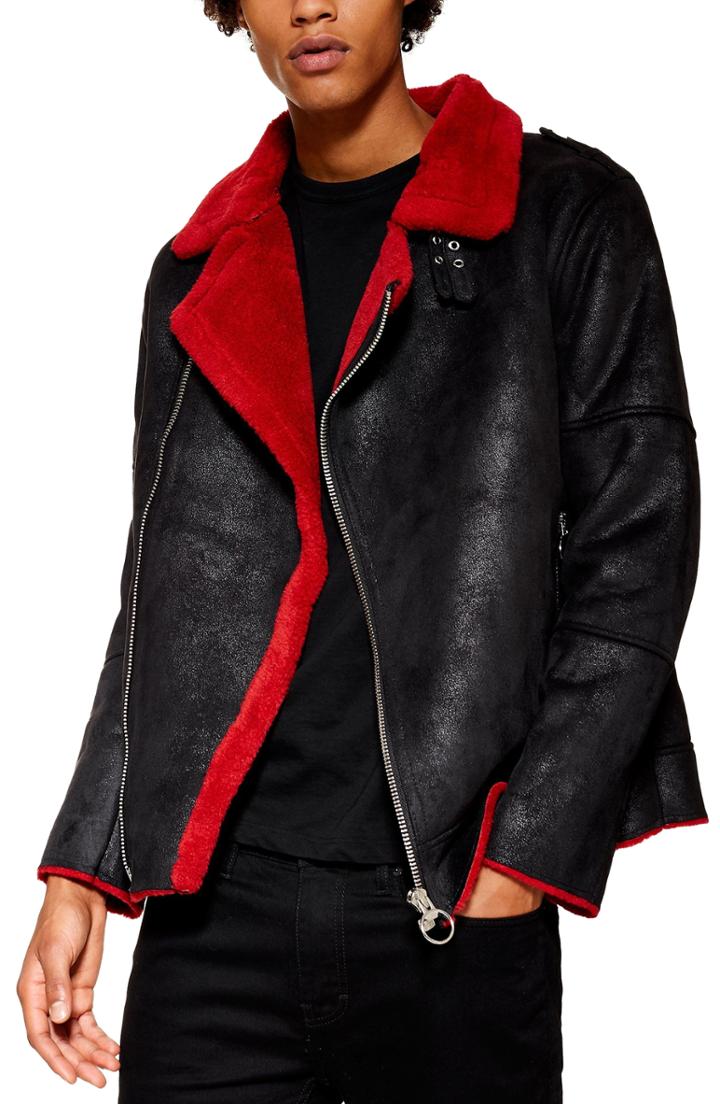 Men's Topman Faux Shearling Biker Jacket - Black