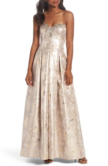 Women's Eliza J Bejeweled Neckline Strapless Ballgown - Beige