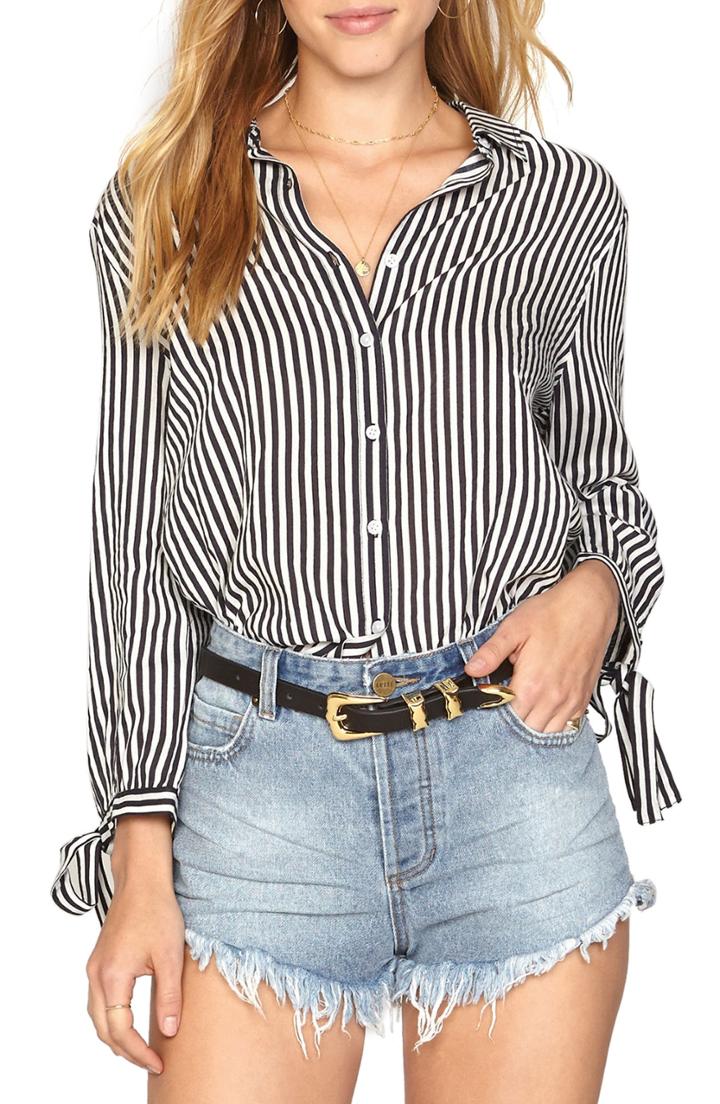 Women's Amuse Society Stripe Tie Cuff Shirt - Black