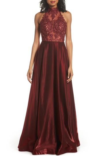 Women's La Femme Embroidered Lace & Satin A-line Ballgown - Burgundy
