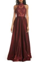 Women's La Femme Embroidered Lace & Satin A-line Ballgown - Burgundy