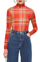 Women's Topshop Check Slinky Funnel Neck Top Us (fits Like 6-8) - Red
