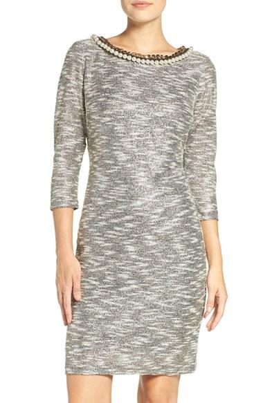 Women's Chetta B Embellished Neck Metallic Knit Sheath Dress