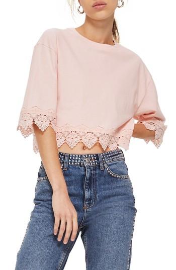 Women's Topshop Boxy Lace Trim Top Us (fits Like 0) - Pink