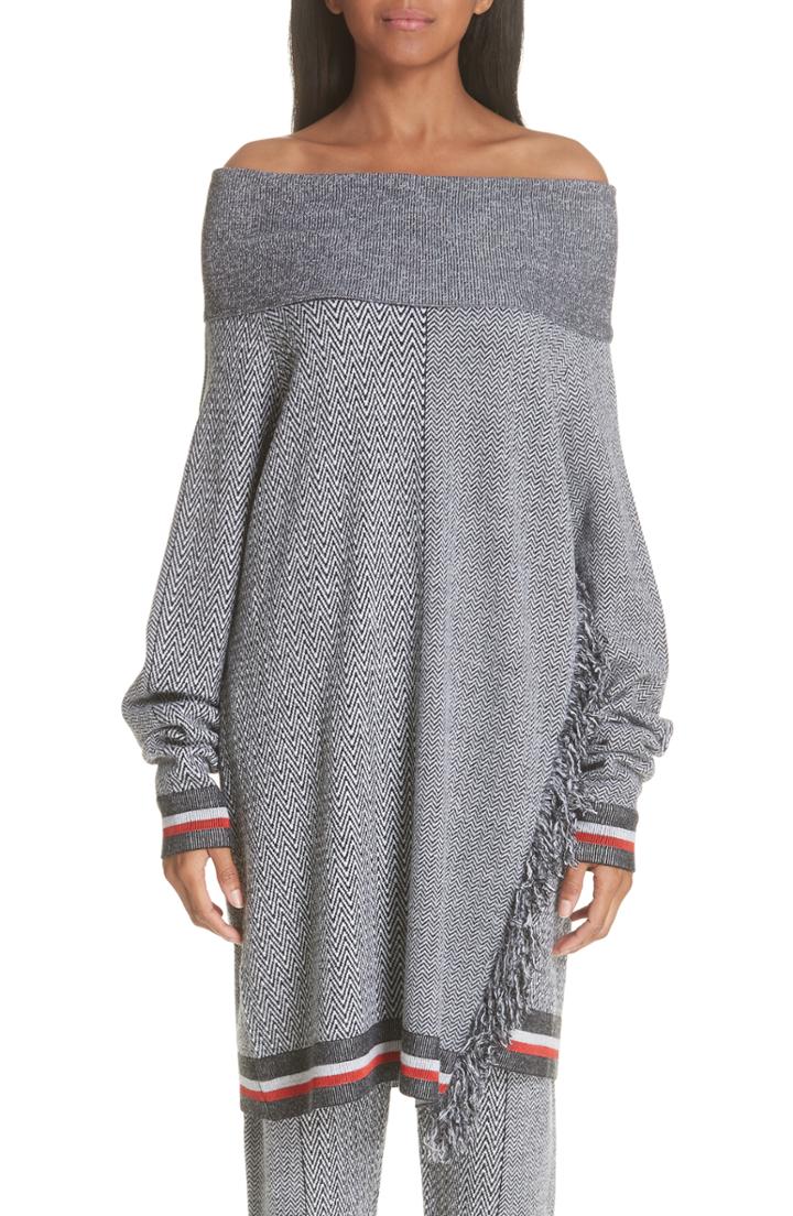 Women's Stella Mccartney Fringe Detail Off The Shoulder Wool & Silk Blend Sweater Us / 38 It - Black
