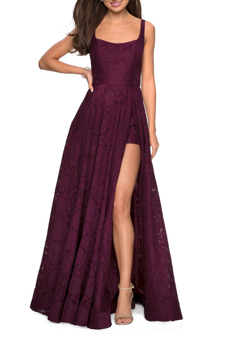 Women's La Femme Front Slit Lace Evening Dress - Red