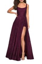 Women's La Femme Front Slit Lace Evening Dress - Red