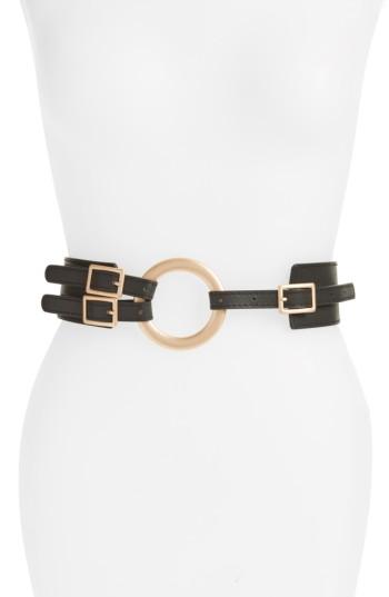 Women's Accessory Collective Round Buckle Faux Leather Belt - Black/ Gold