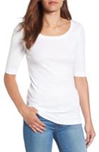 Petite Women's Caslon Ballet Neck Cotton & Modal Knit Elbow Sleeve Tee, Size P - White