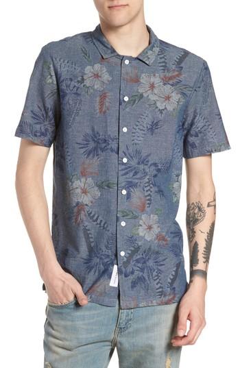 Men's Native Youth Floral Sketch Short Sleeve Sport Shirt - Blue