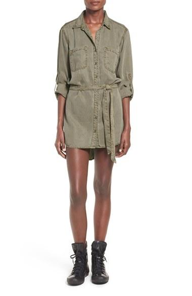 Junior Women's Sneak Peak Belted Chambray Shirtdress - Green