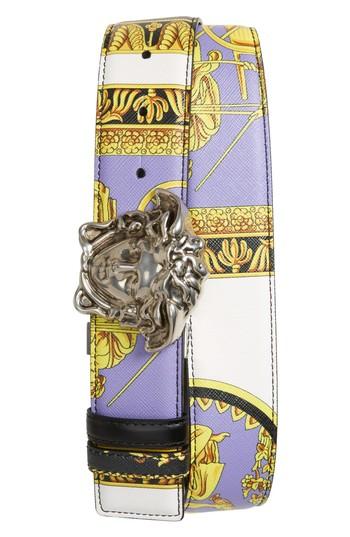 Men's Versace First Line Baroque Print Reversible Leather Belt Eu - Yellow Multi