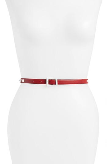 Women's Valentino Garavani Rockstud Skinny Calfskin Leather Belt - Rosso