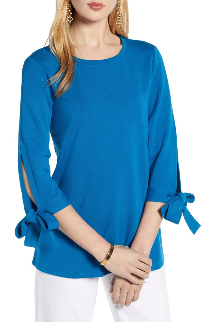 Petite Women's Halogen Ponte Tie Sleeve Tunic, Size P - Blue/green