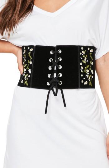 Women's Missguided Floral Embroidered Faux Leather Lace-up Belt, Size - Black