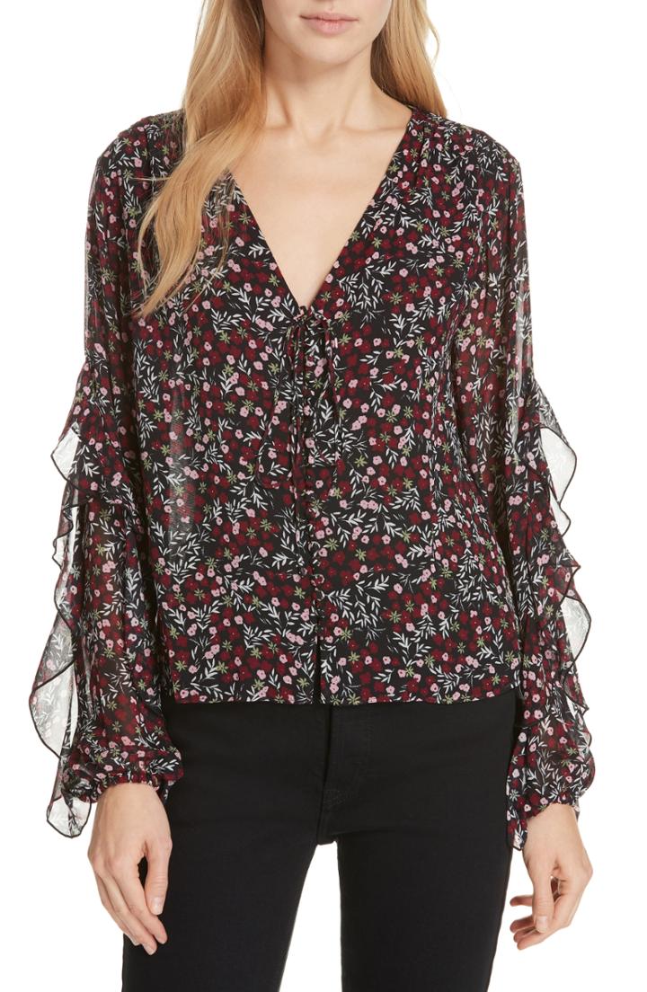 Women's Nicholas Mini Daisy Silk Flutter Blouse - Black
