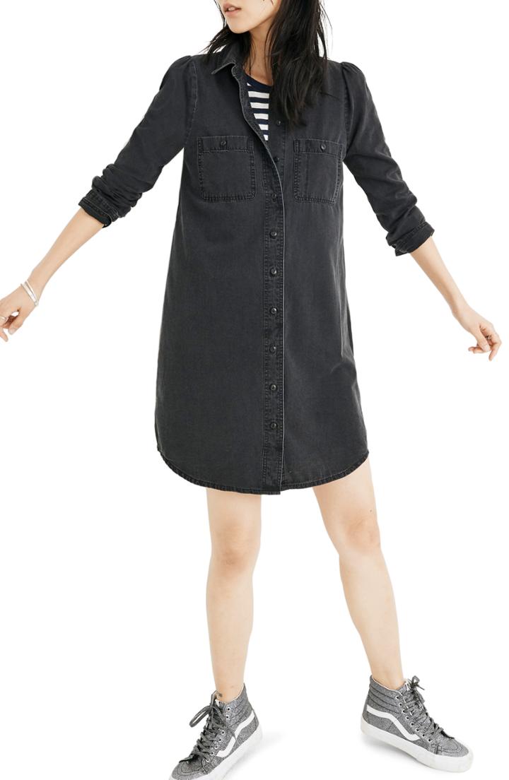 Women's Madewell Denim Puff Sleeve Shirtdress, Size - Black