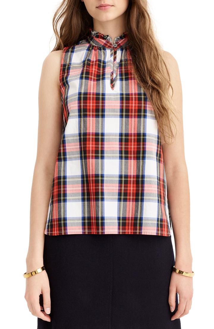 Women's J.crew Ruffle Neck Cotton Plaid Top - Red