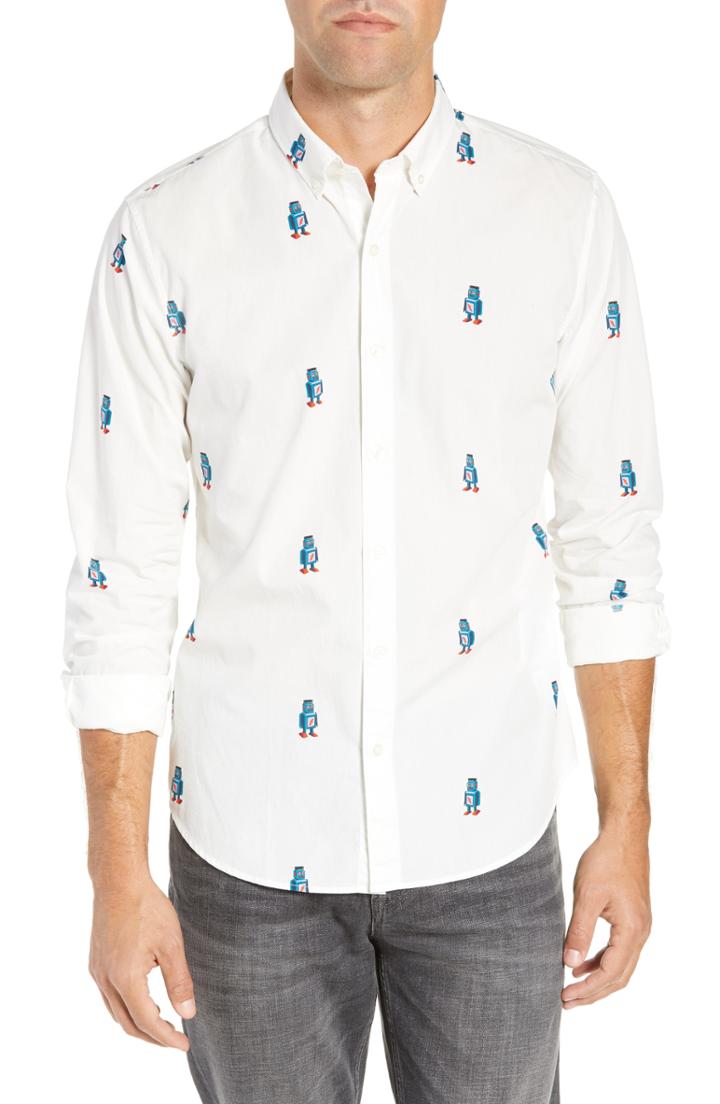 Men's Bonobos Washed Button Down Slim Fit Robot Print Sport Shirt, Size R - White