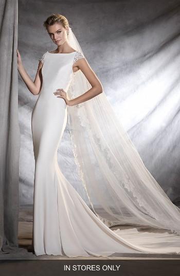 Women's Pronovias Olbia Cap Sleeve Lace Back Crepe Mermaid Gown, Size In Store Only - Ivory