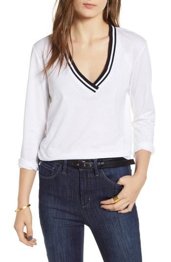 Women's Treasure & Bond Stripe Trim V-neck Tee, Size - White