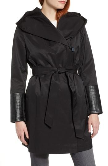 Women's Via Spiga Faux Leather Trim Rain Jacket - Black