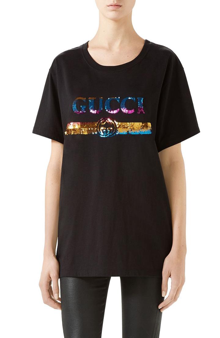 Women's Gucci Rainbow Sequin Logo Tee, Size - Black