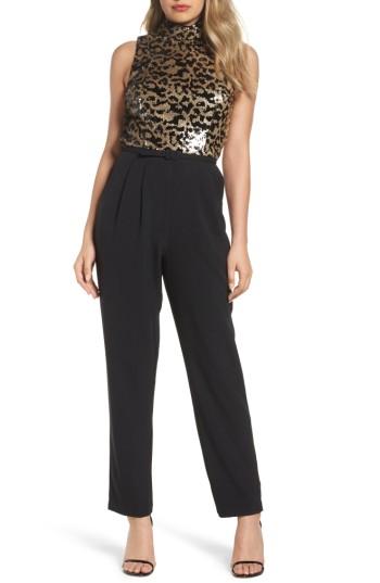 Women's Vince Camuto Sequin Leopard Bodice Belted Jumpsuit - Black