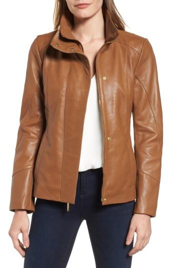 Women's Ellen Tracy Stand Collar Leather Scuba Jacket - Beige