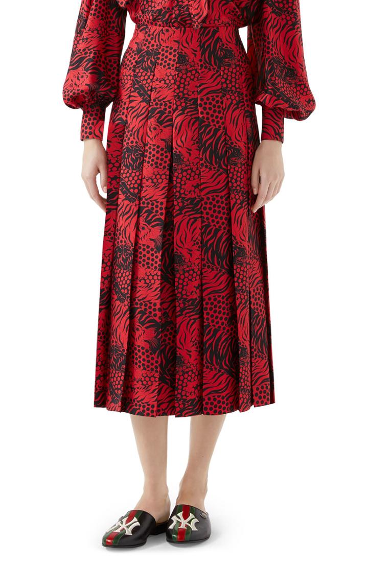 Women's Gucci Tiger Print Pleated Silk Skirt