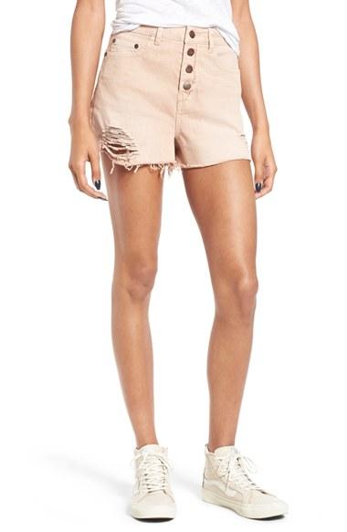 Women's Sun & Shadow Destroyed High Rise Denim Shorts - Brown