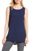 Petite Women's Eileen Fisher Silk Crepe Bateau Neck Shell, Size P - Blue