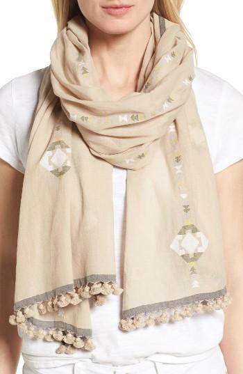 Women's Eileen Fisher Embroidered Oraganic Cotton Scarf, Size - Beige