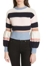 Women's Self-portrait Stripe Puff Sleeve Crop Sweater - Black