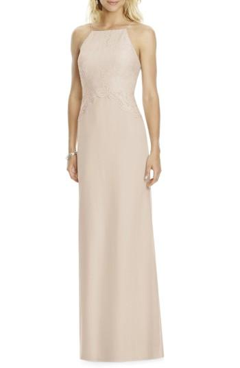 Women's After Six Square Neck Lace & Chiffon Gown - Beige