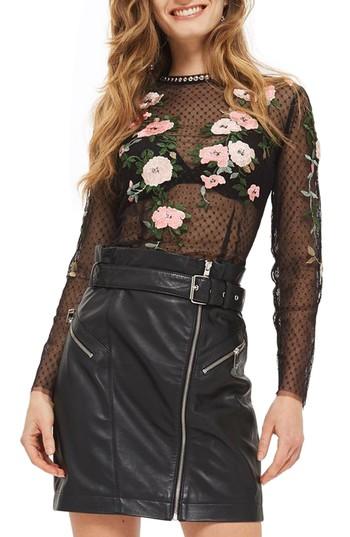 Women's Topshop Embroidered Mesh Top Us (fits Like 0-2) - Black