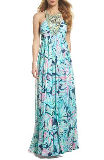 Women's Lilly Pulitzer Lannette Embellished Chiffon Maxi Dress - Blue
