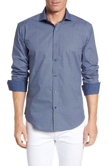 Men's Bugatchi Shaped Fit Dot Plaid Sport Shirt - Blue