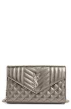 Women's Saint Laurent Metallic Leather Wallet On A Chain - Grey