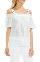Women's Vince Camuto Embroidered Bubble Stripe Cold Shoulder Top, Size - Blue
