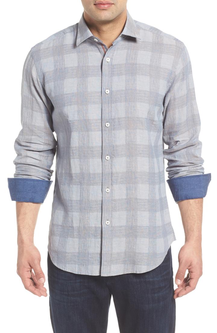 Men's Bugatchi Shaped Fit Check Linen Blend Sport Shirt