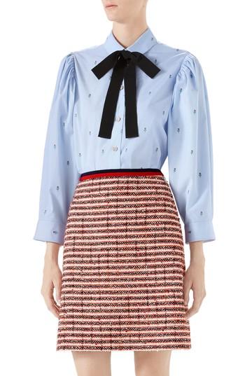 Women's Gucci Ribbon Bow Floral Embroidered Oxford Shirt Us / 42 It - Blue