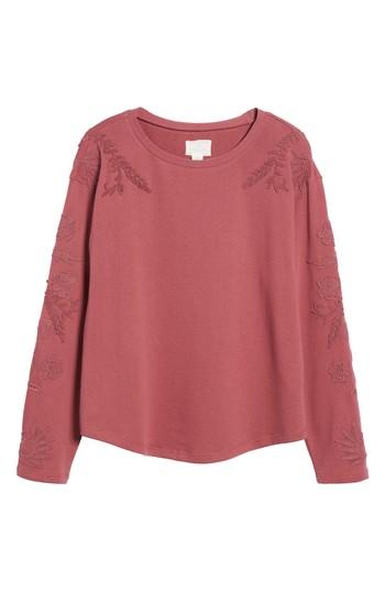 Women's Caslon Embroidered Sleeve Sweatshirt, Size - Burgundy