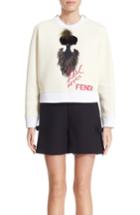 Women's Fendi 'karlito - Karl Loves Fendi' Fleece Top With Genuine Fur Trim Us / 42 It - White
