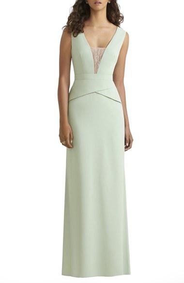Women's Social Bridesmaids Lace Inset V-neck Peplum Detail Gown