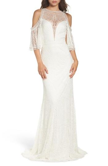 Women's Tadashi Shoji Embroidered Cold Shoulder Mesh Gown