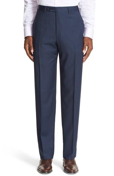 Men's Canali Flat Front Solid Wool Trousers R Eu - Blue