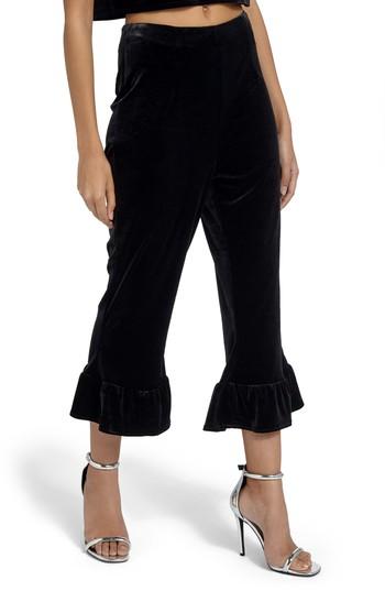 Women's Missguided Ruffle Hem Velvet Crop Pants Us / 4 Uk - Black