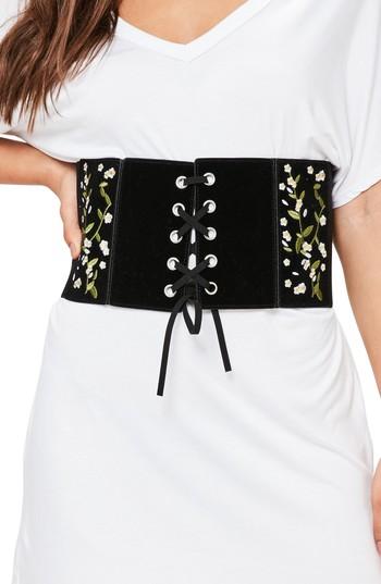 Women's Missguided Floral Embroidered Faux Leather Lace-up Belt
